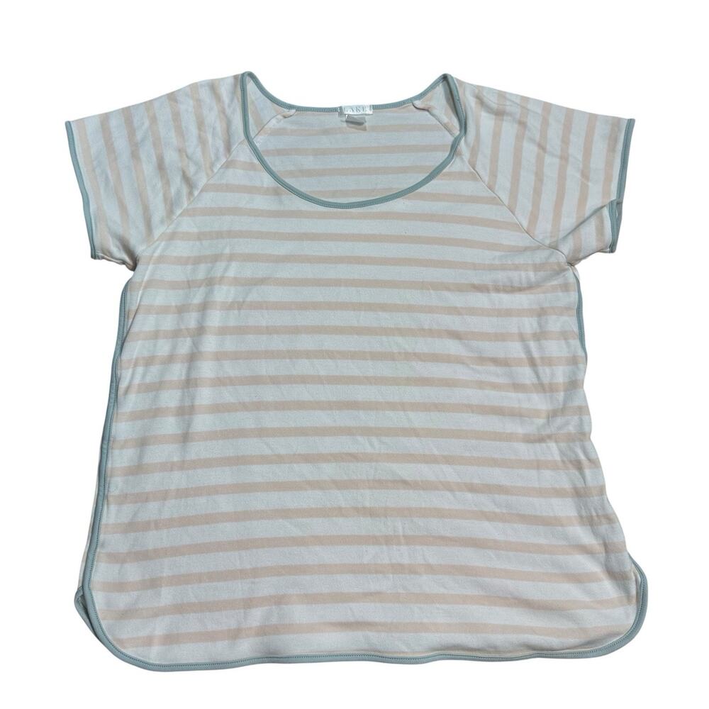 LAKE Pajama Top Womens S PINK Stripe green trim Pima Cotton Short Sleeve Comfort